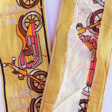 Beige Fabric trim with Embroidered Motor Bikes - Brown, Orange, Light Gold & Pink